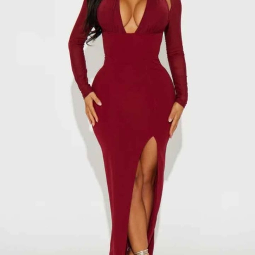 Fashion Nova Burgundy Long Sleeve Plunge Neck Maxi Dress with Slit